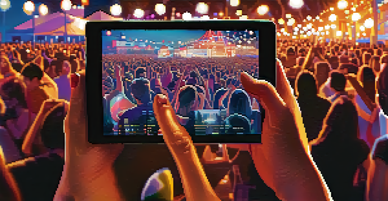 Close-up image of festival-goers using technology at a San Diego music festival, with glowing lights in the background.