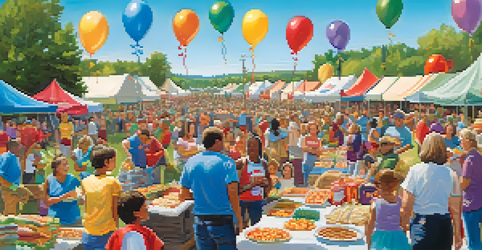 Community members donating food at an outdoor food drive event with colorful banners and decorations.