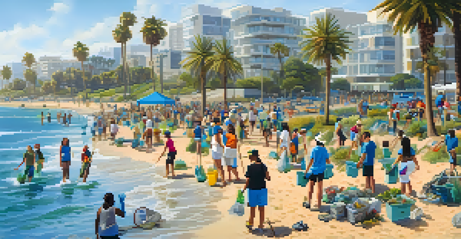 Community volunteers participating in a beach cleanup at Mission Bay in San Diego.