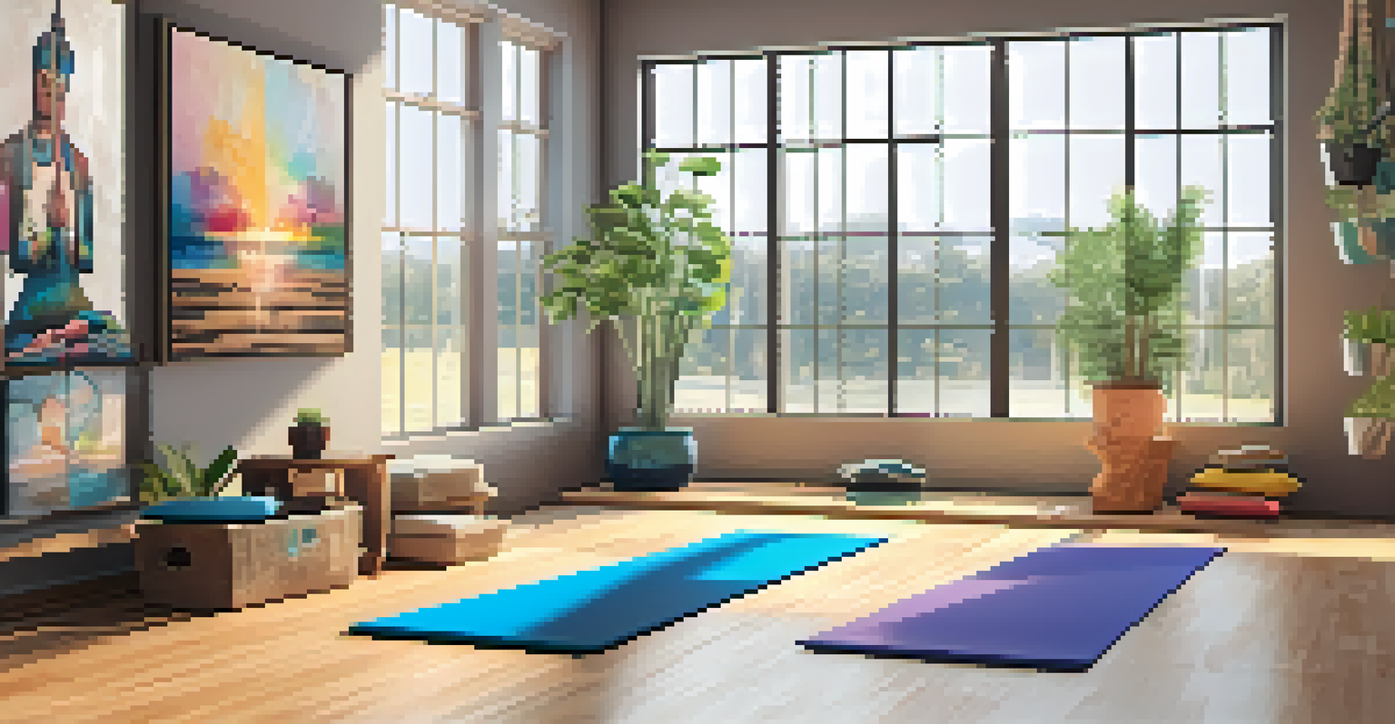 A bright and welcoming yoga studio with wooden floors, plants, and colorful mats, illuminated by natural light.