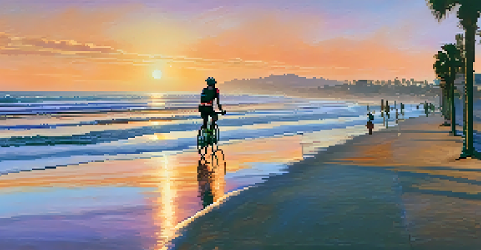 A cyclist enjoying a ride along a beach boardwalk at sunset, with colorful skies and ocean waves in the background.