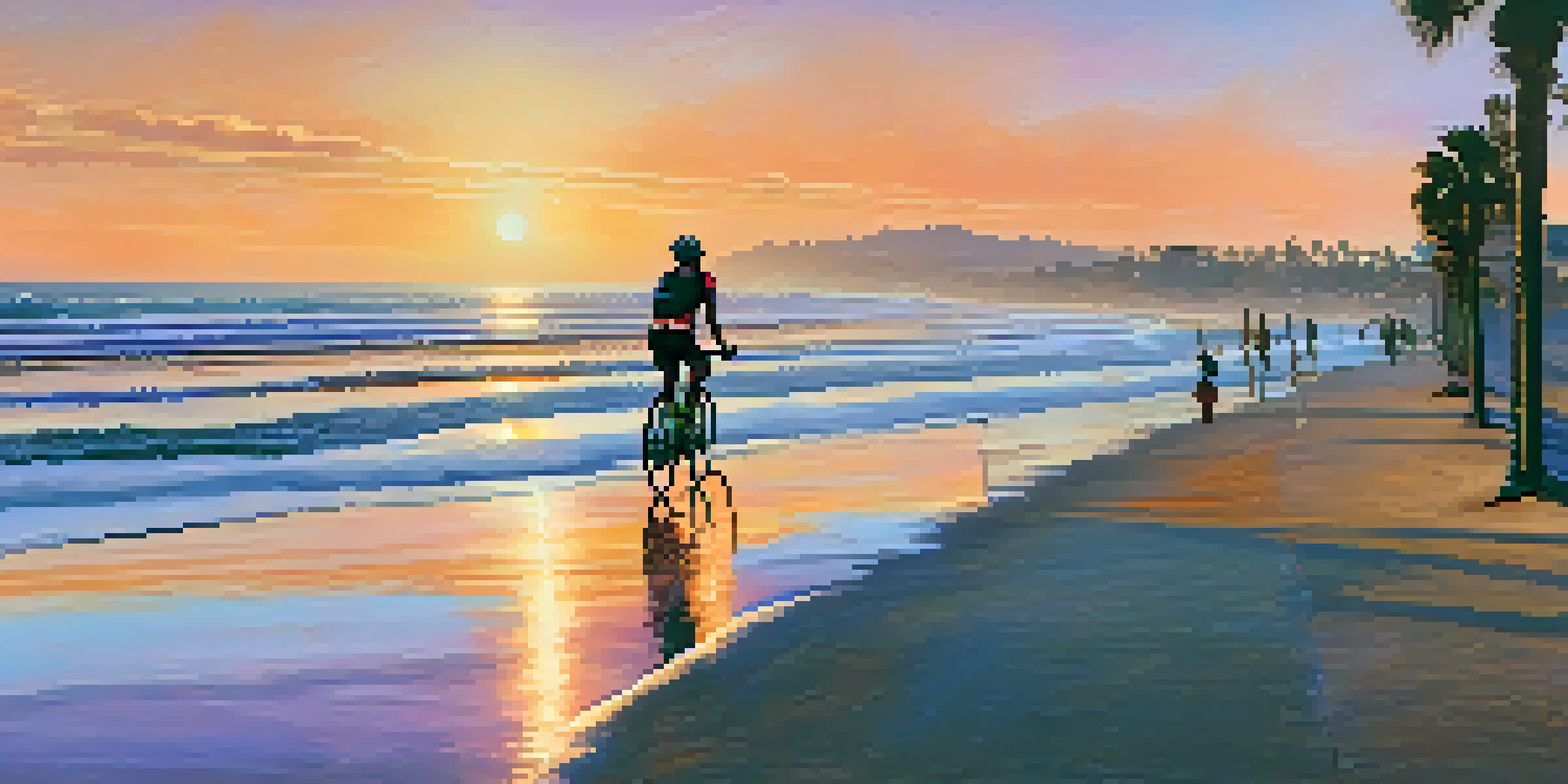 A cyclist enjoying a ride along a beach boardwalk at sunset, with colorful skies and ocean waves in the background.