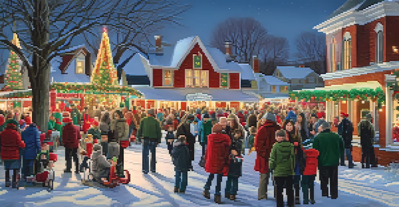 A festive scene at Heritage Park during Christmas, featuring decorated historic buildings and families celebrating.