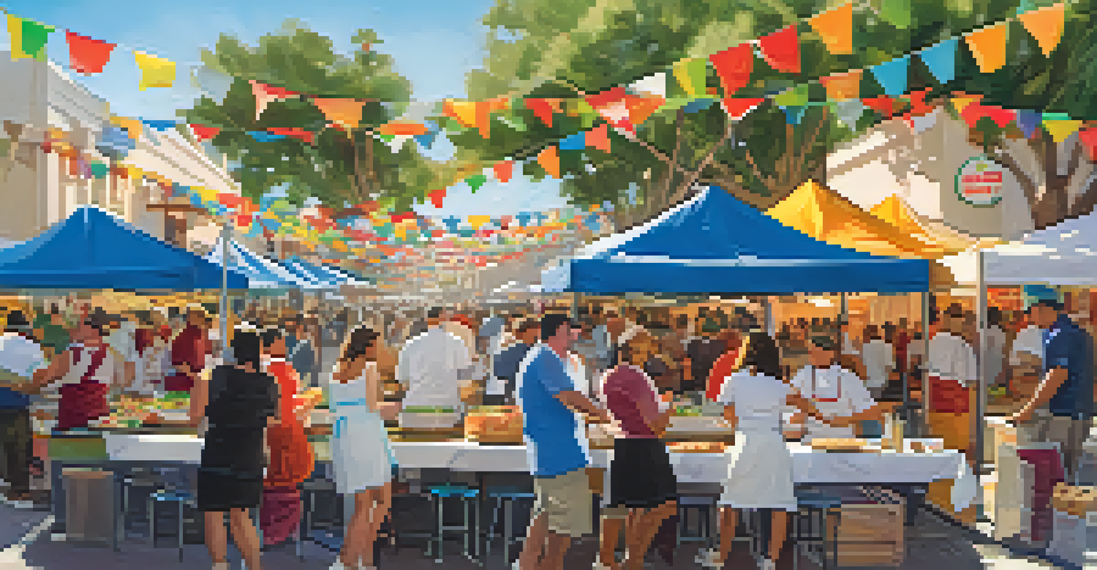 A bustling culinary festival in San Diego, featuring chefs and visitors enjoying various fusion dishes, surrounded by colorful stalls and decorations.