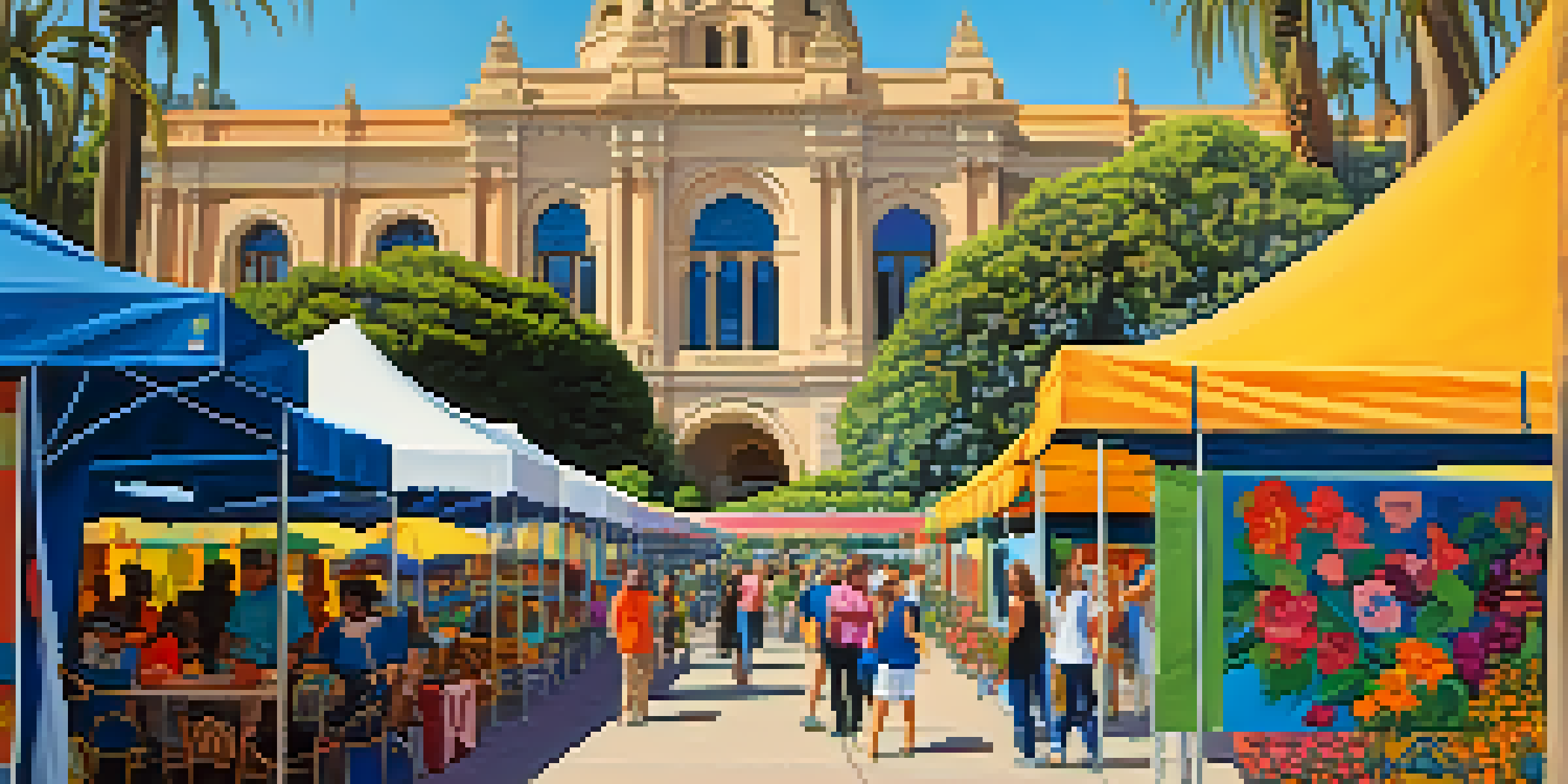 A lively outdoor art exhibition at Balboa Park with colorful tents and local artworks, set against the beautiful architecture of the San Diego Museum of Art.