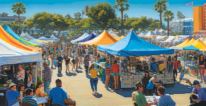 A lively art festival in San Diego with local artists, food stalls, and musicians performing under colorful tents.