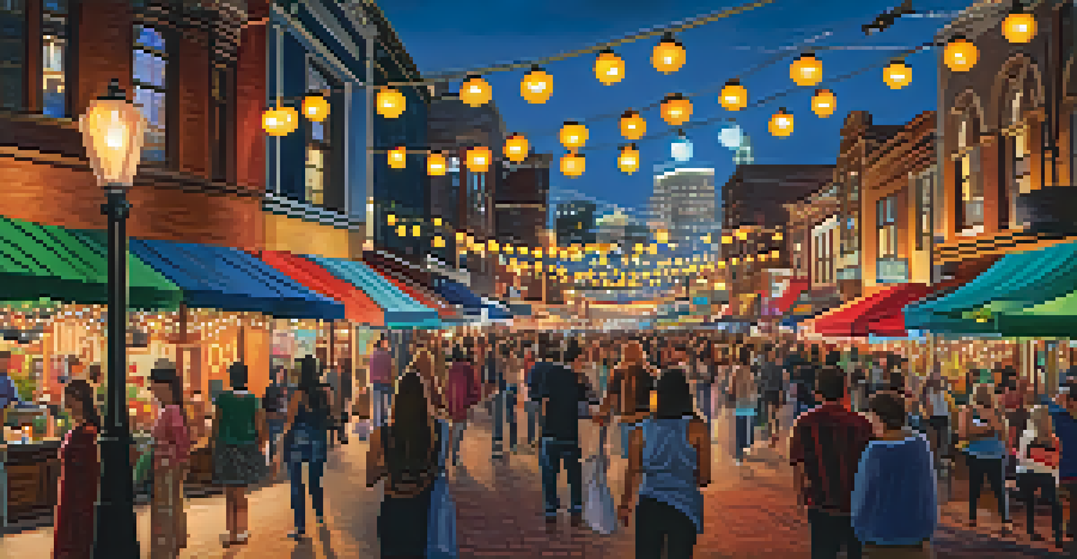 A lively Gaslamp Quarter scene during an art walk, illuminated by fairy lights with art displays and food stalls.