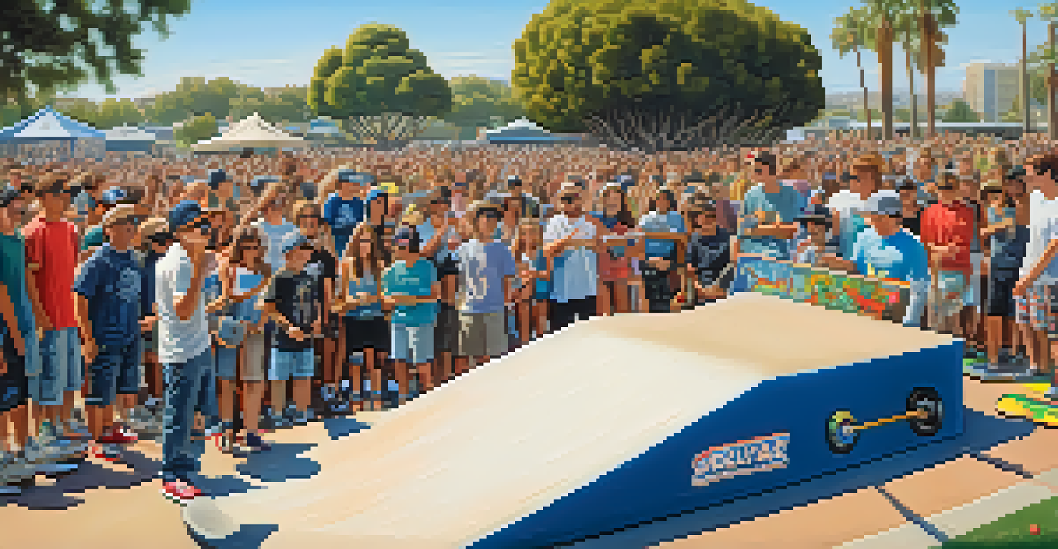A lively skateboarding competition in a San Diego park with skateboarders performing tricks and a cheering crowd.