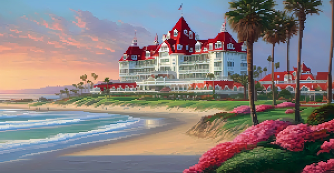 The Hotel del Coronado at sunset, with its red roof and white exterior surrounded by gardens and the ocean.