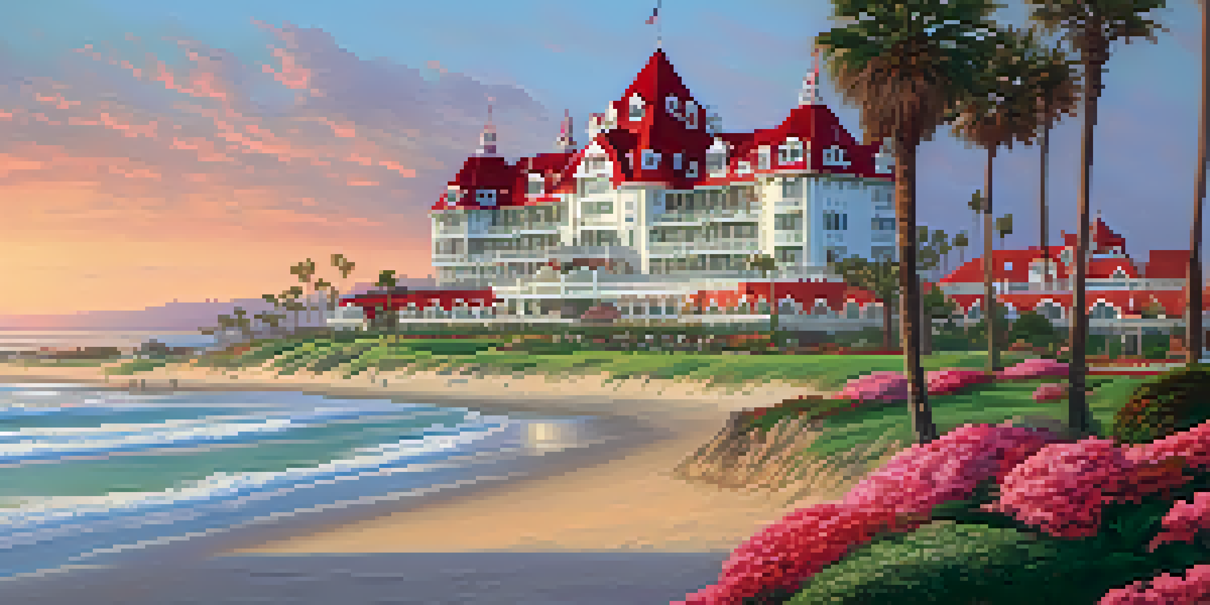The Hotel del Coronado at sunset, with its red roof and white exterior surrounded by gardens and the ocean.