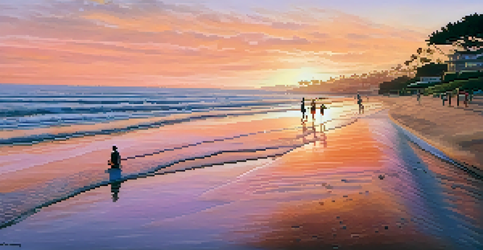 A sunset view of La Jolla Shores beach with families picnicking and children playing in the water.