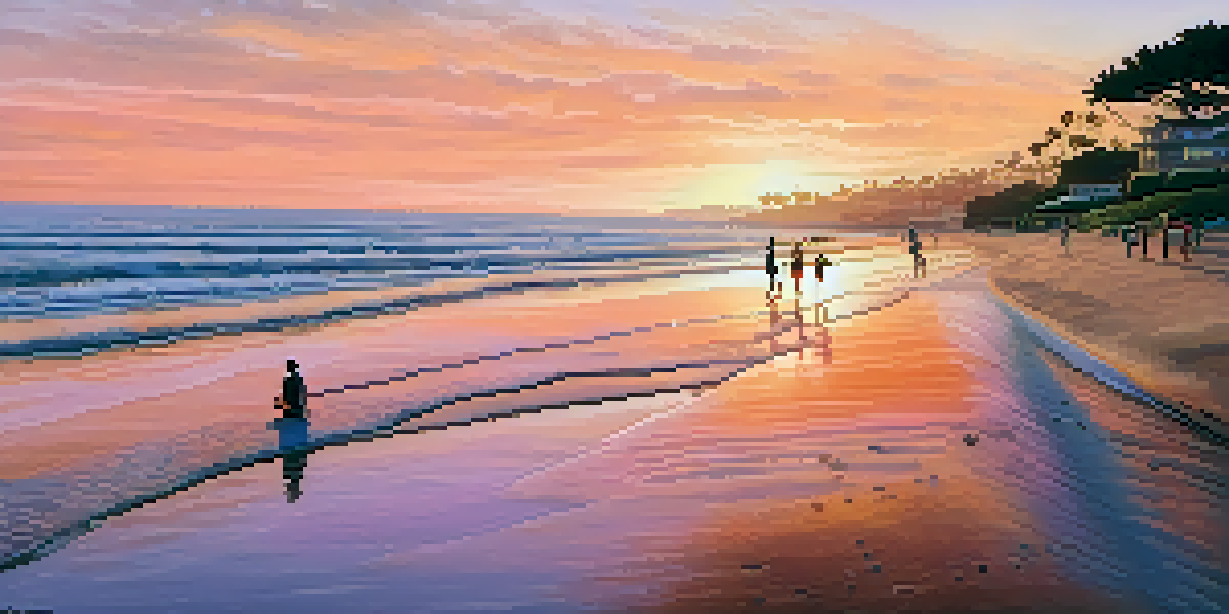 A sunset view of La Jolla Shores beach with families picnicking and children playing in the water.