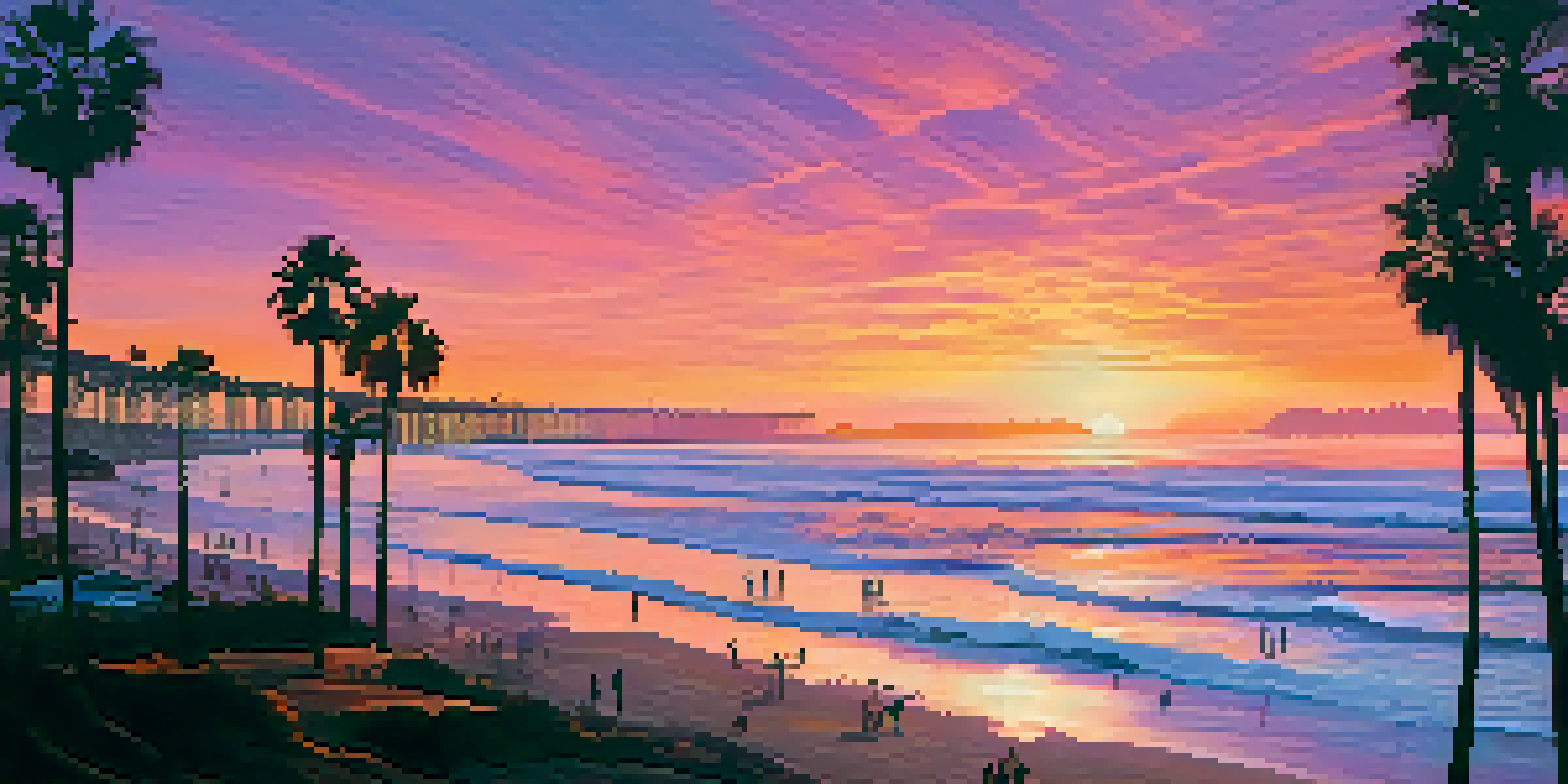 A sunset view of San Diego's coastline with surfers on the waves and palm trees in silhouette.
