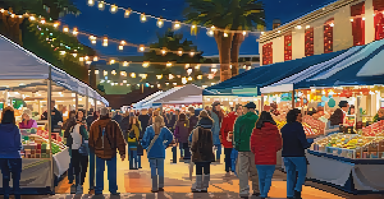 A lively holiday market scene with vibrant stalls and people enjoying shopping and festive activities.