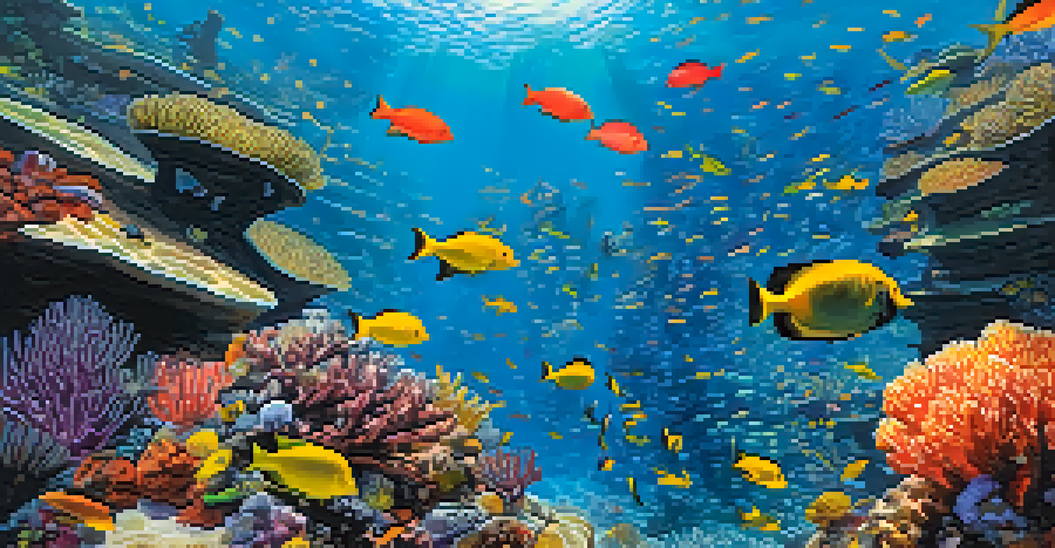 An underwater coral reef scene with colorful fish, corals, and a scuba diver exploring the marine life.