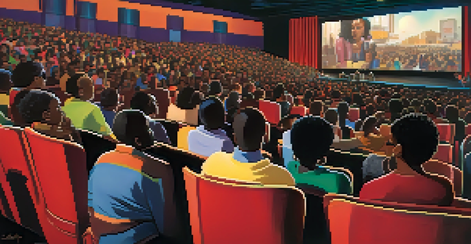 A diverse audience in a theater watching a film with colorful posters of Black cinema around them.