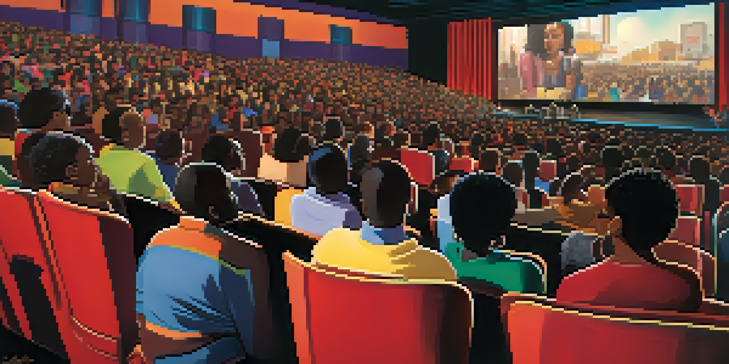 A diverse audience in a theater watching a film with colorful posters of Black cinema around them.