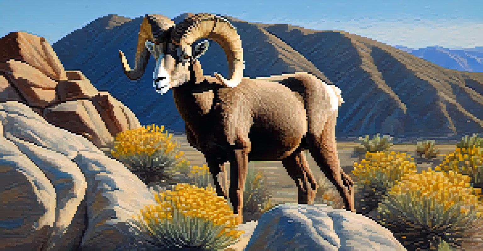 A bighorn sheep on a rocky ledge surrounded by colorful desert wildflowers under a clear sky.