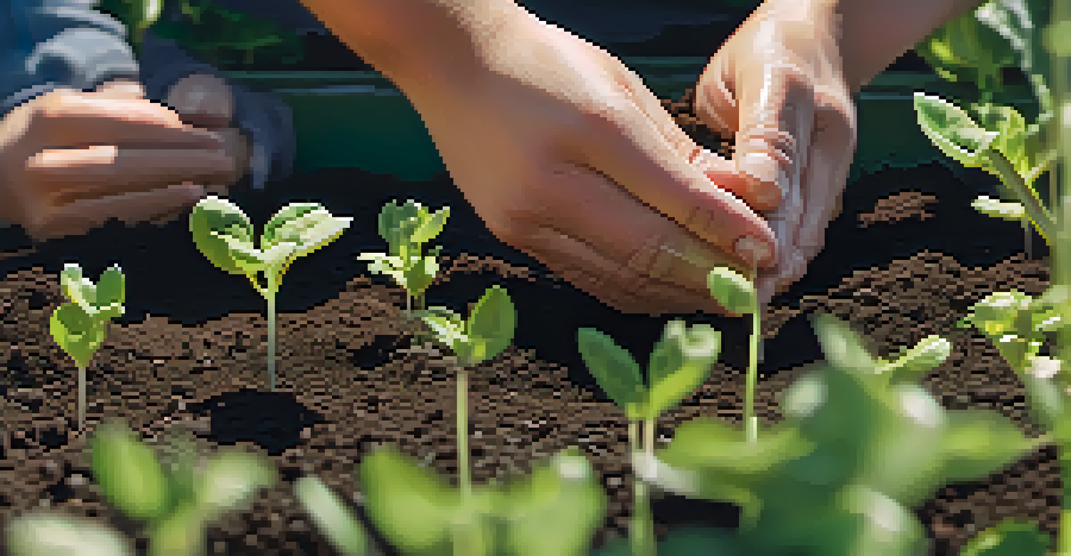 A close-up of hands planting seeds in soil within a community garden, with green plants in the background.