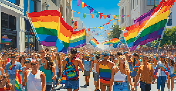 A lively parade at San Diego's Pride Festival with colorful floats and participants in vibrant costumes celebrating love and acceptance.
