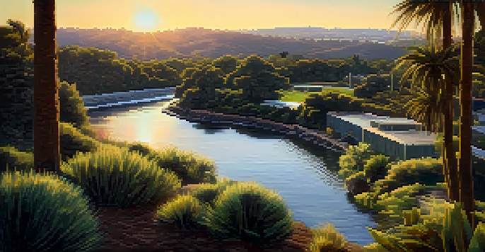 A peaceful view of a river with a small hydropower installation surrounded by trees and plants under a sunset.