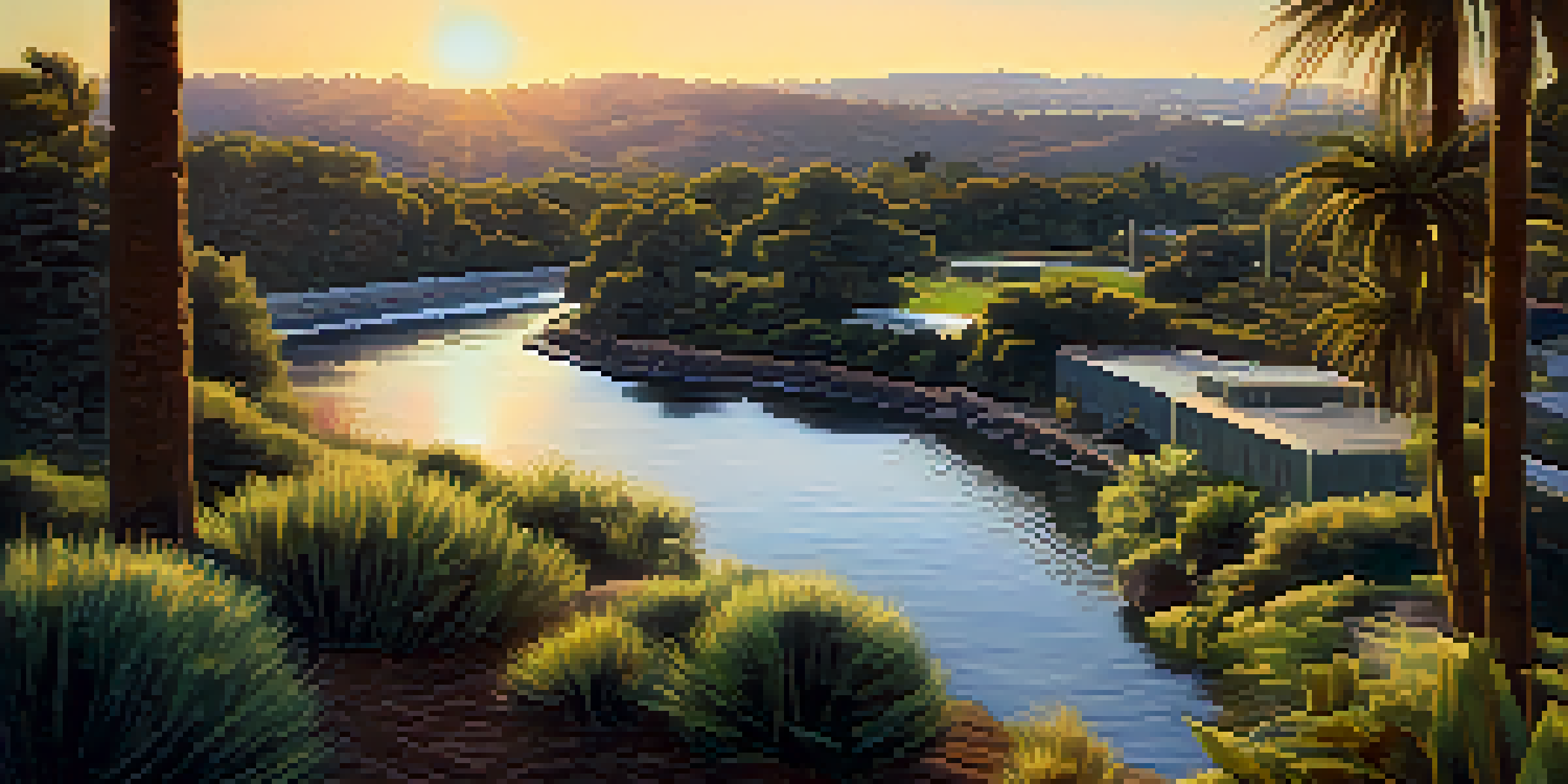 A peaceful view of a river with a small hydropower installation surrounded by trees and plants under a sunset.