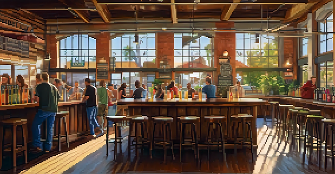 A lively craft brewery in San Diego with patrons at a wooden bar, colorful beer taps, and warm sunlight streaming through windows.
