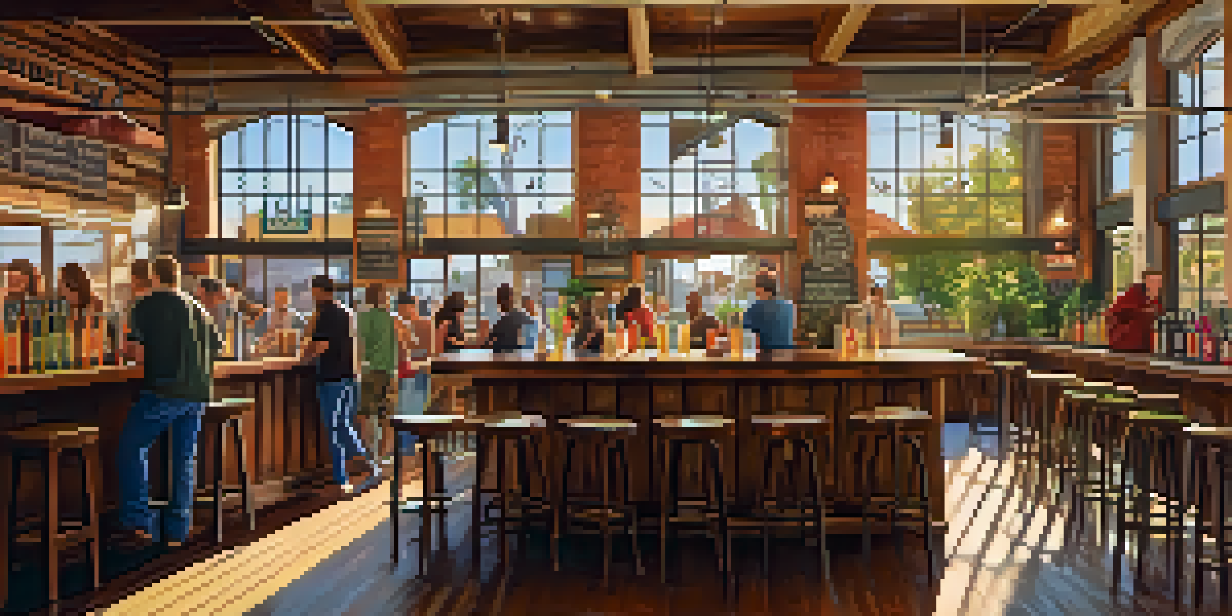 A lively craft brewery in San Diego with patrons at a wooden bar, colorful beer taps, and warm sunlight streaming through windows.