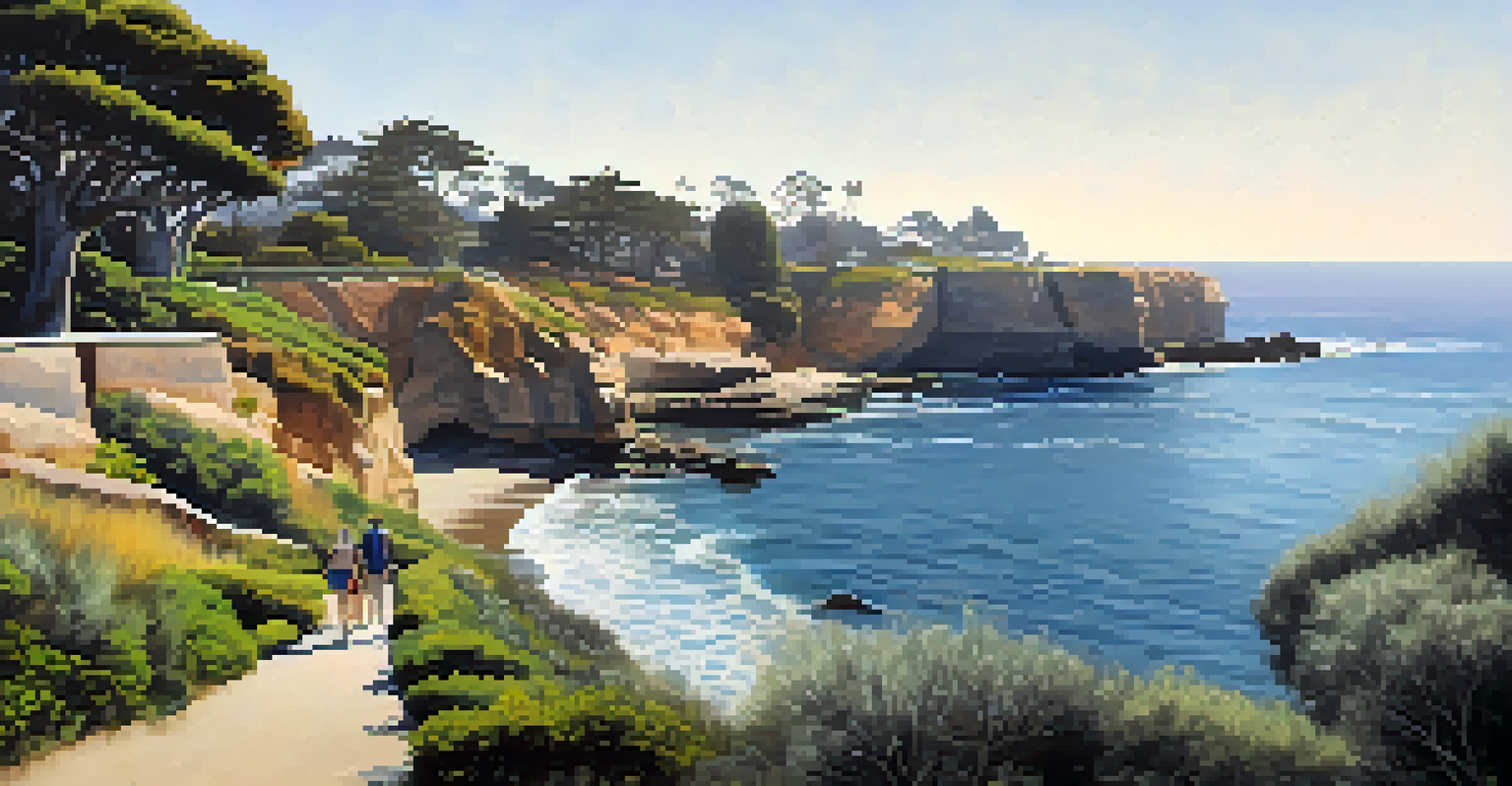 A scenic walking path along the cliffs of La Jolla Cove with visitors and ocean views.