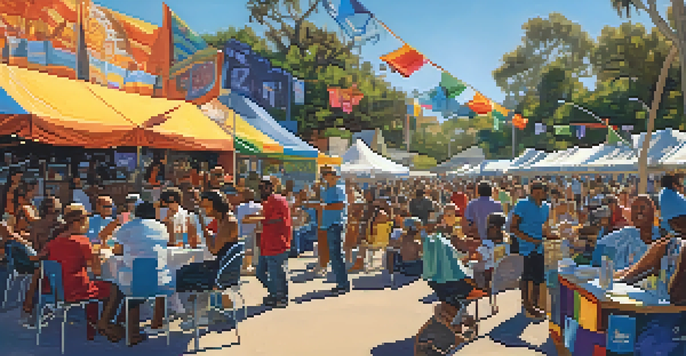 A lively outdoor festival scene with diverse people enjoying live music, food stalls, and musicians performing on stage.