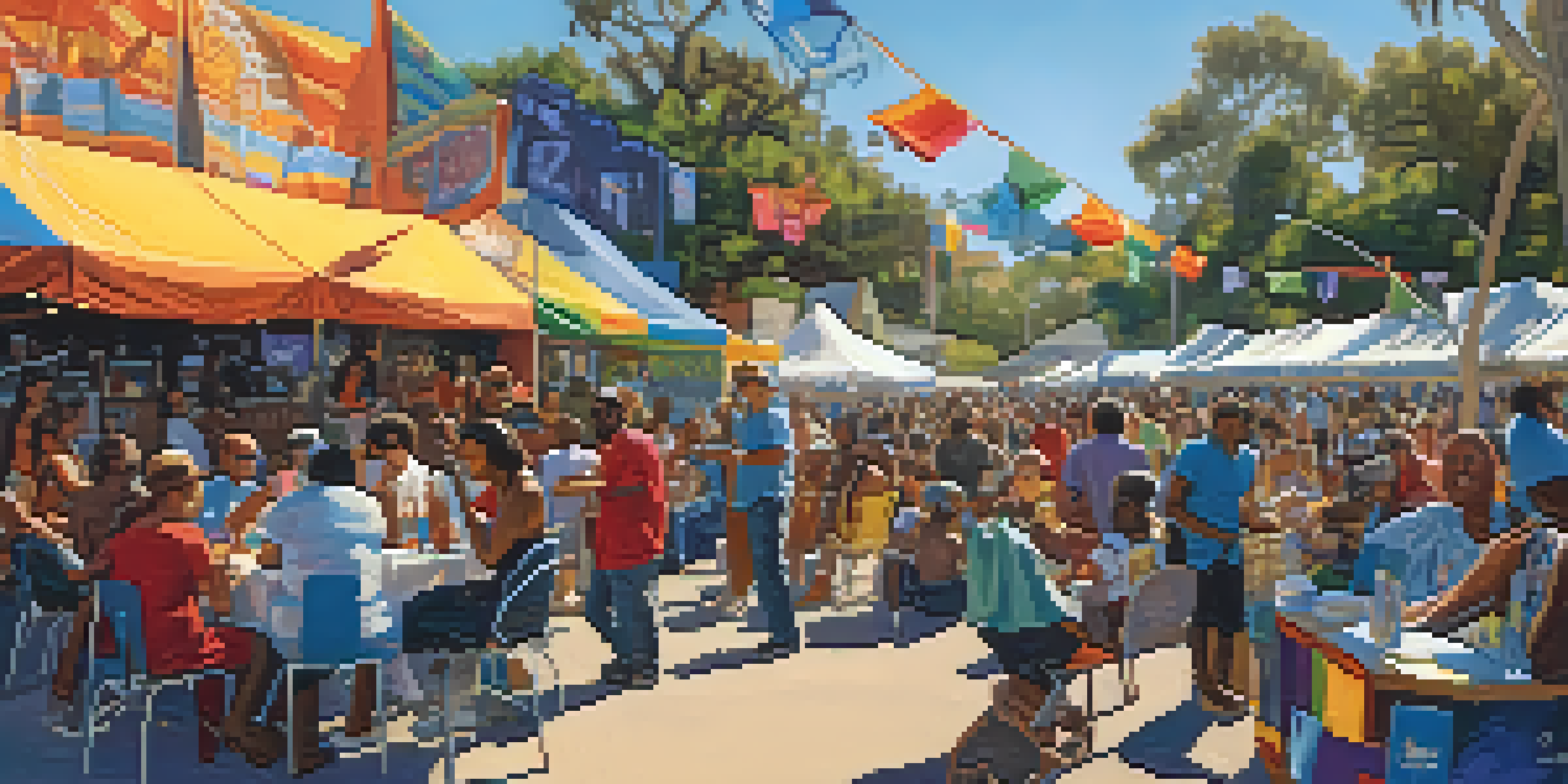 A lively outdoor festival scene with diverse people enjoying live music, food stalls, and musicians performing on stage.
