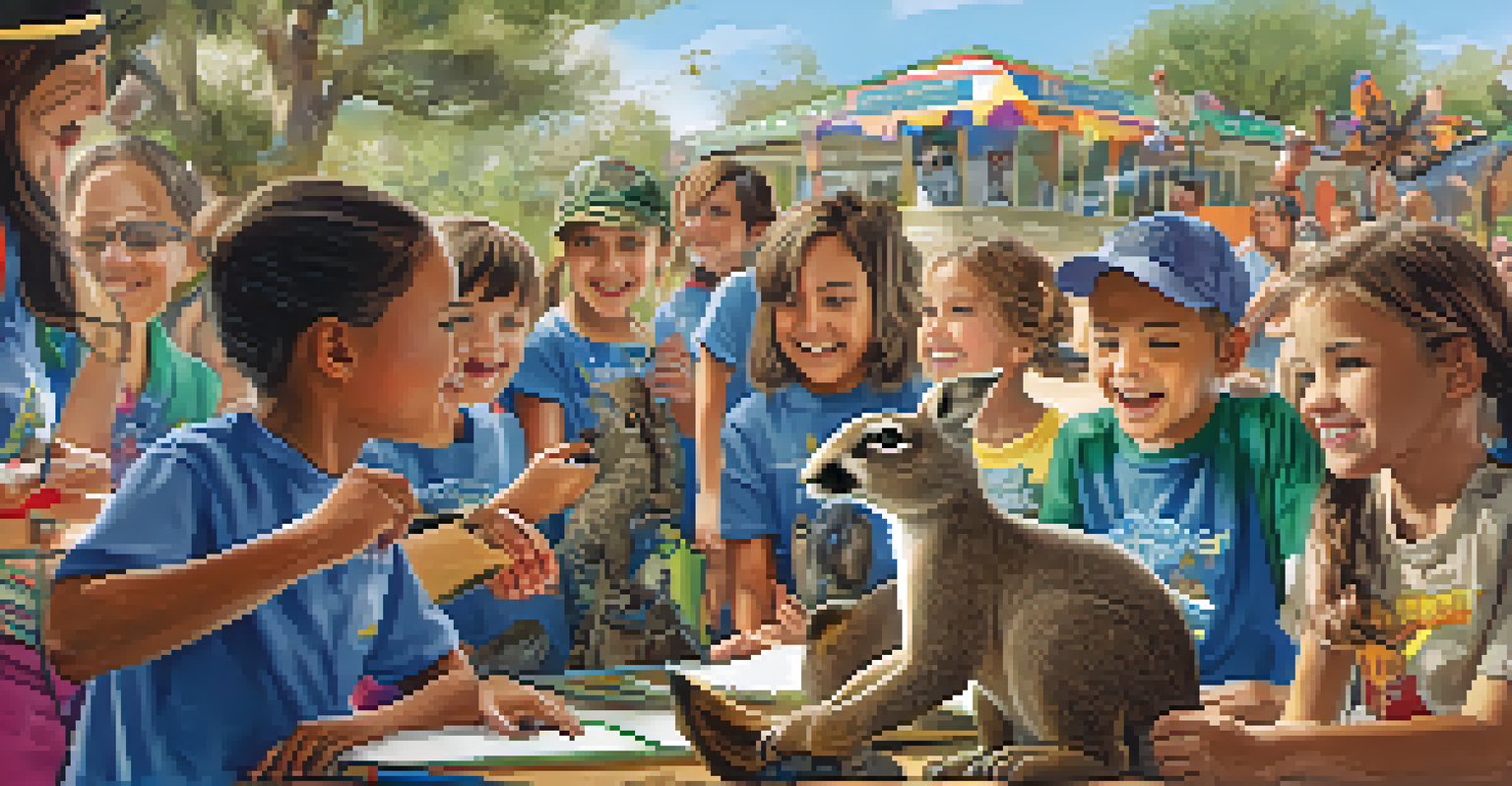A group of volunteers teaching children about wildlife conservation, surrounded by colorful banners and artifacts.