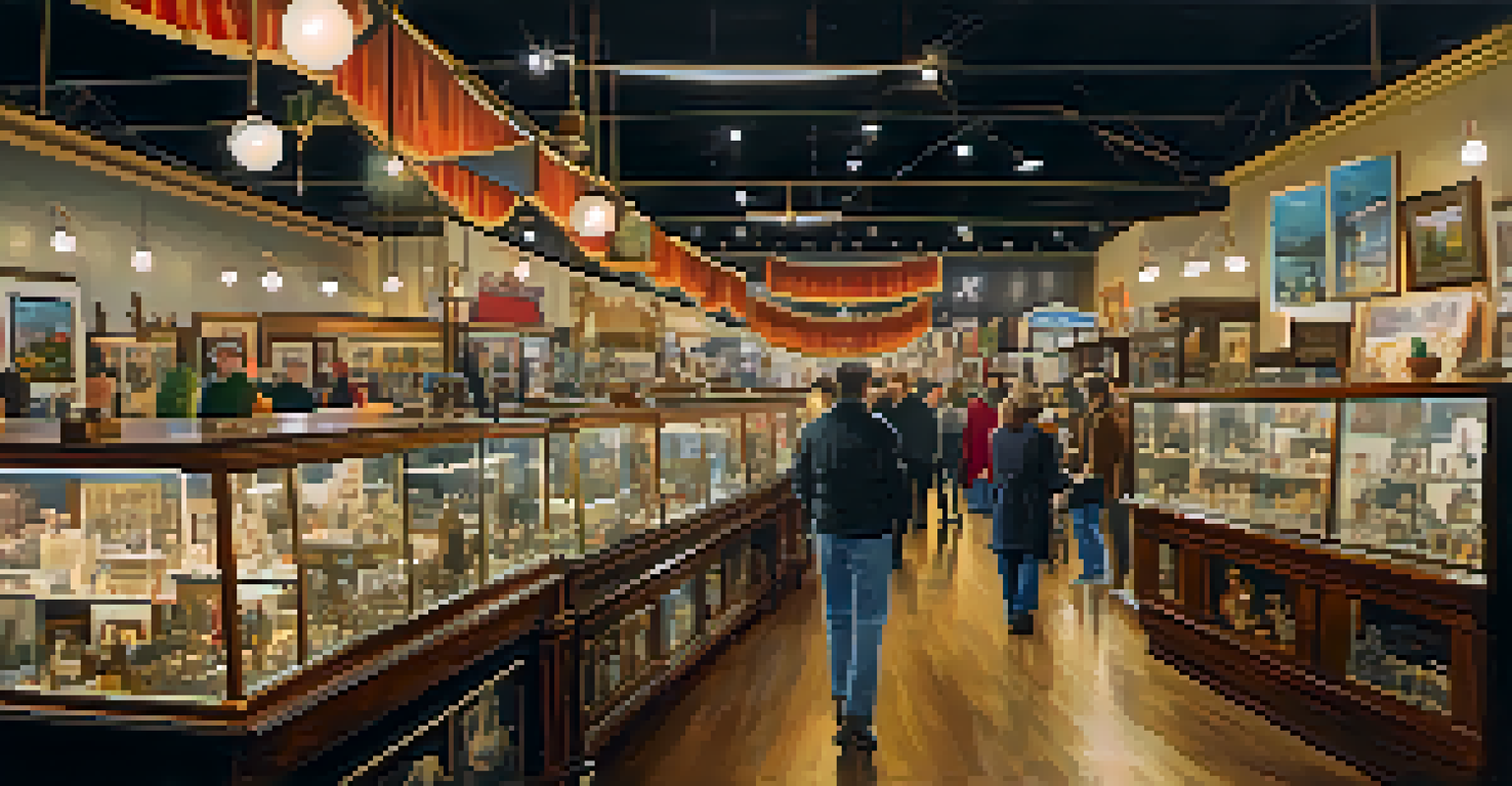A bustling antique mall showcasing vintage furniture and collectibles, with people exploring the aisles.