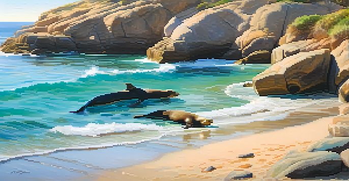 A peaceful morning at La Jolla Cove with sunlight reflecting on the ocean, sea lions on the rocks, and colorful fish in clear water.