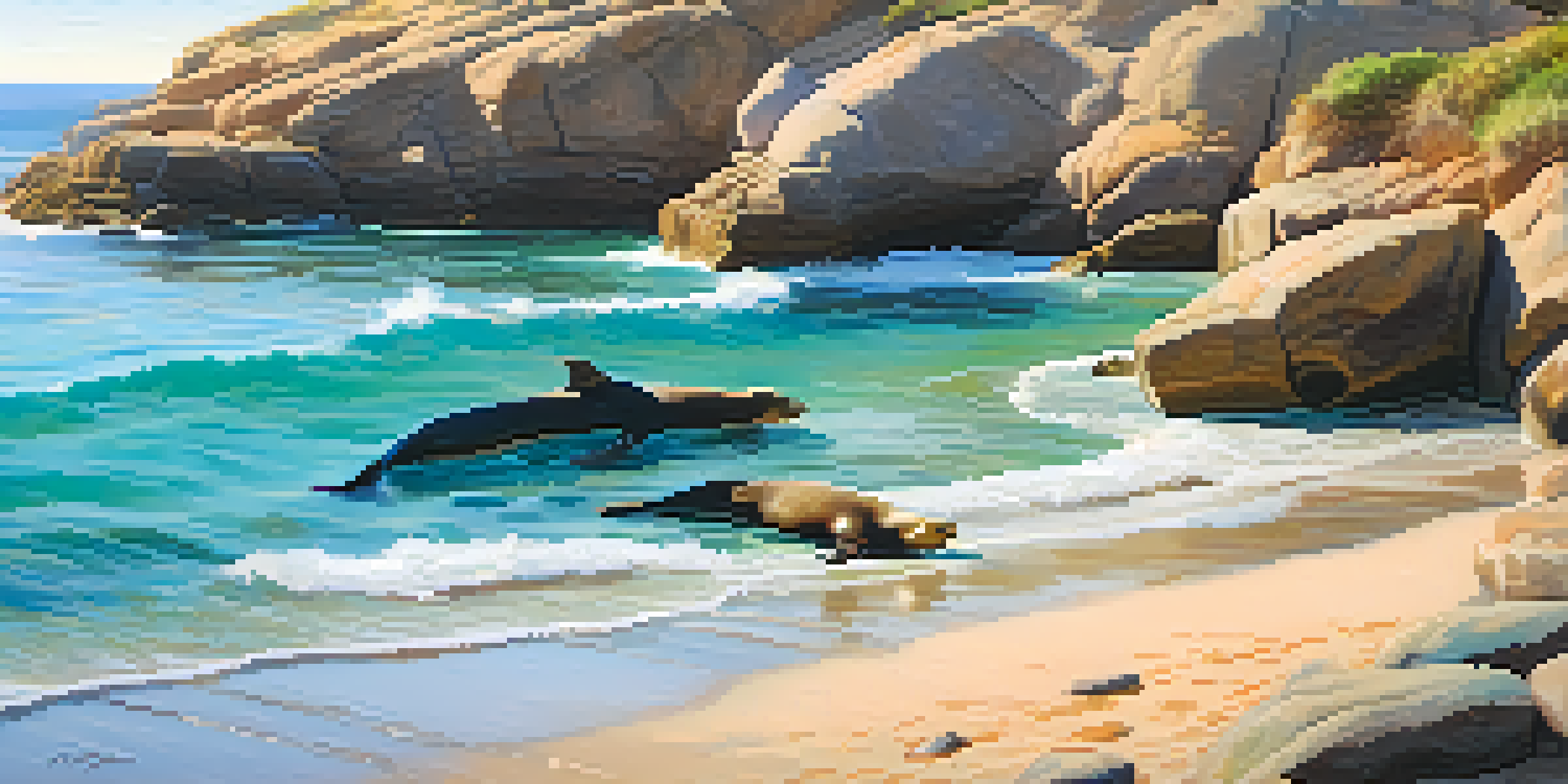 A peaceful morning at La Jolla Cove with sunlight reflecting on the ocean, sea lions on the rocks, and colorful fish in clear water.