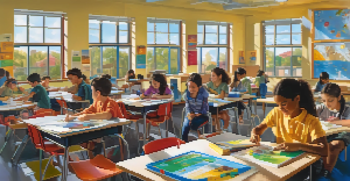 A lively classroom with diverse students collaborating on projects, surrounded by colorful educational materials and natural light.