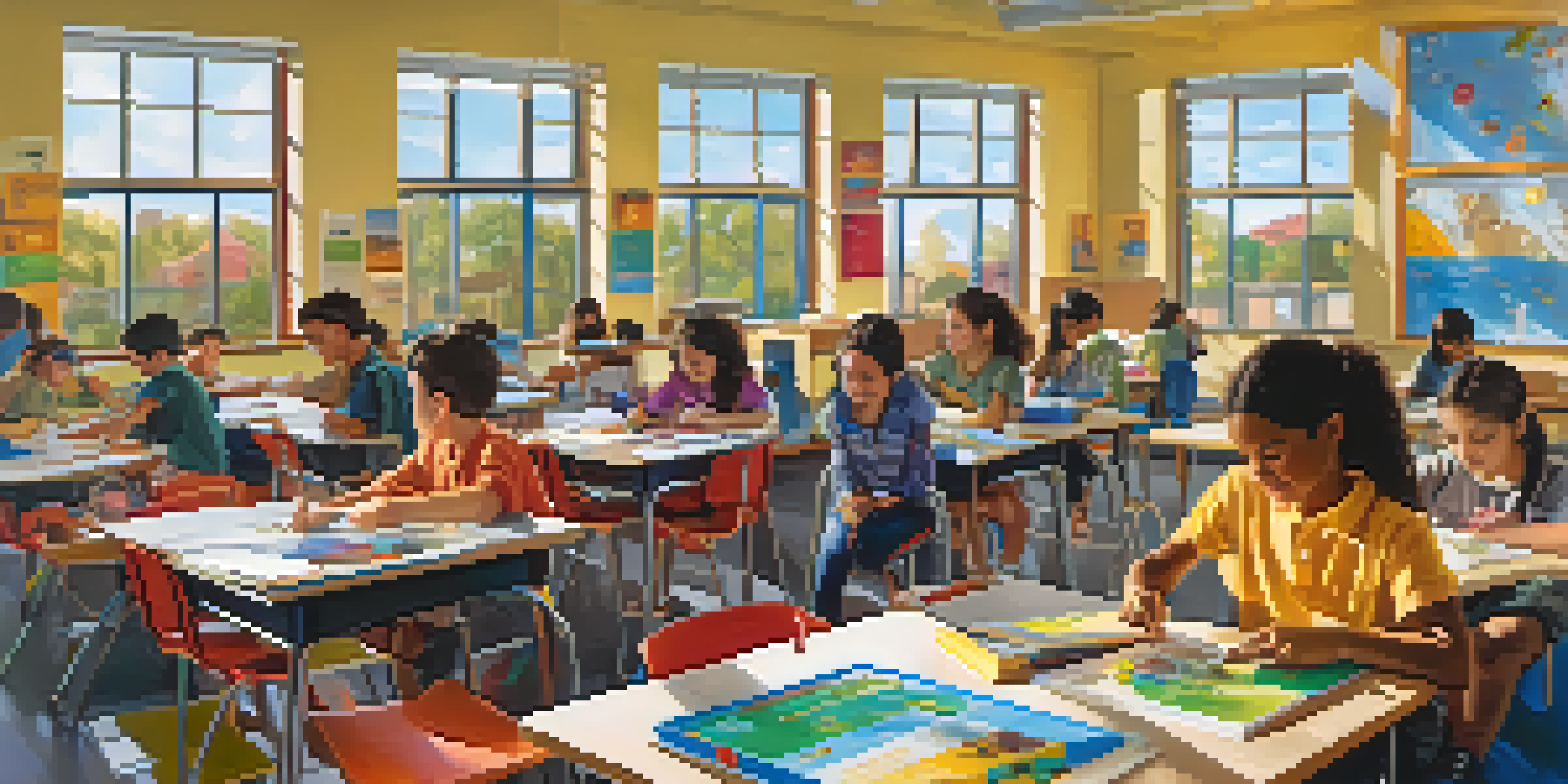 A lively classroom with diverse students collaborating on projects, surrounded by colorful educational materials and natural light.