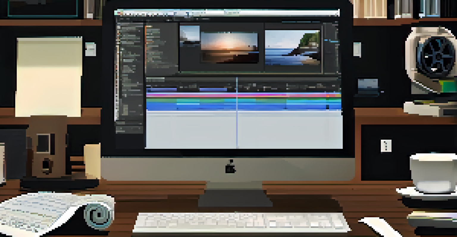 A close-up of a film editing workstation, with a computer screen showing video editing software and scattered film-related items.