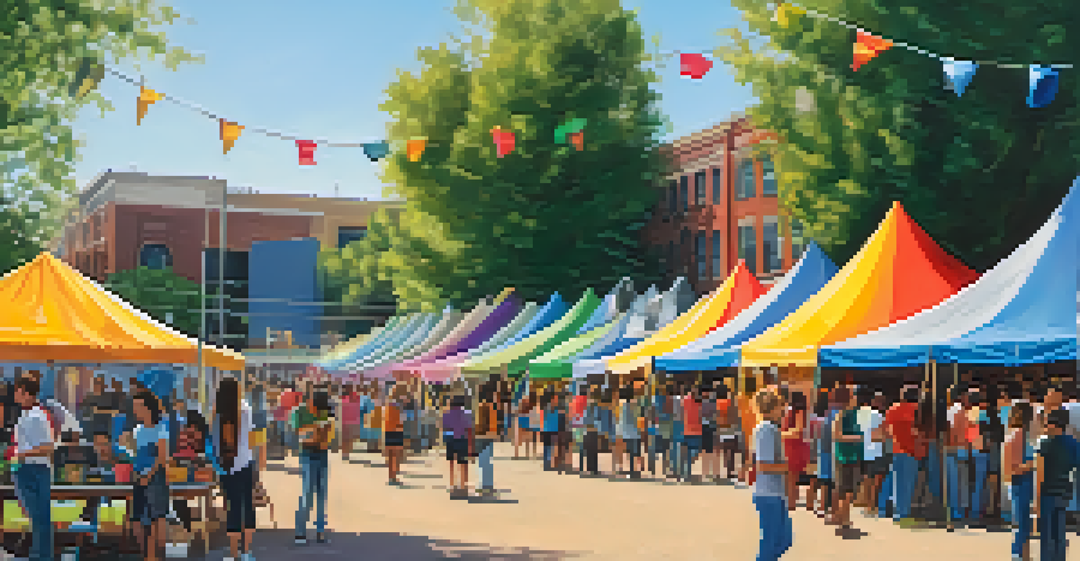 A community art festival with students displaying their artwork, colorful tents, and performers, creating a festive atmosphere.
