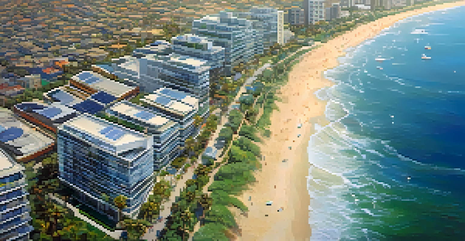 An aerial view of San Diego's coastline with solar panels, a busy beach, and green spaces.