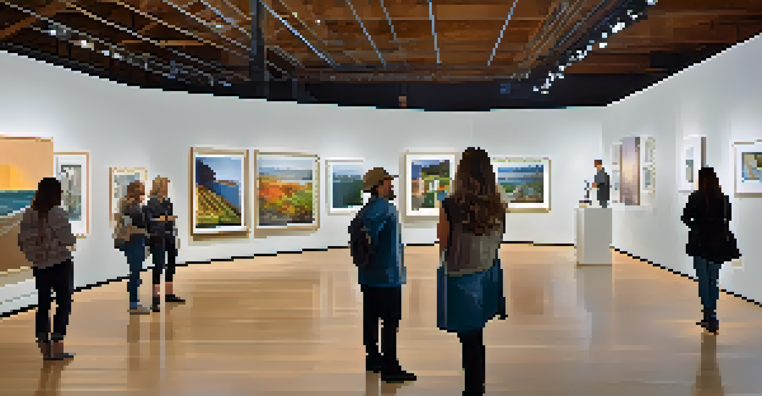 Inside an art gallery in San Diego featuring modern art installations and visitors discussing the pieces.