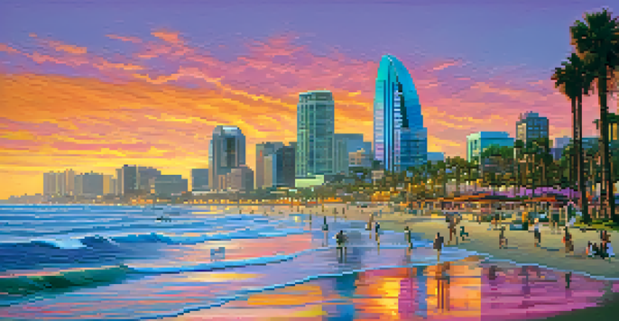 A sunset over San Diego's skyline with palm trees and people on the beach, featuring vibrant colors in the sky.