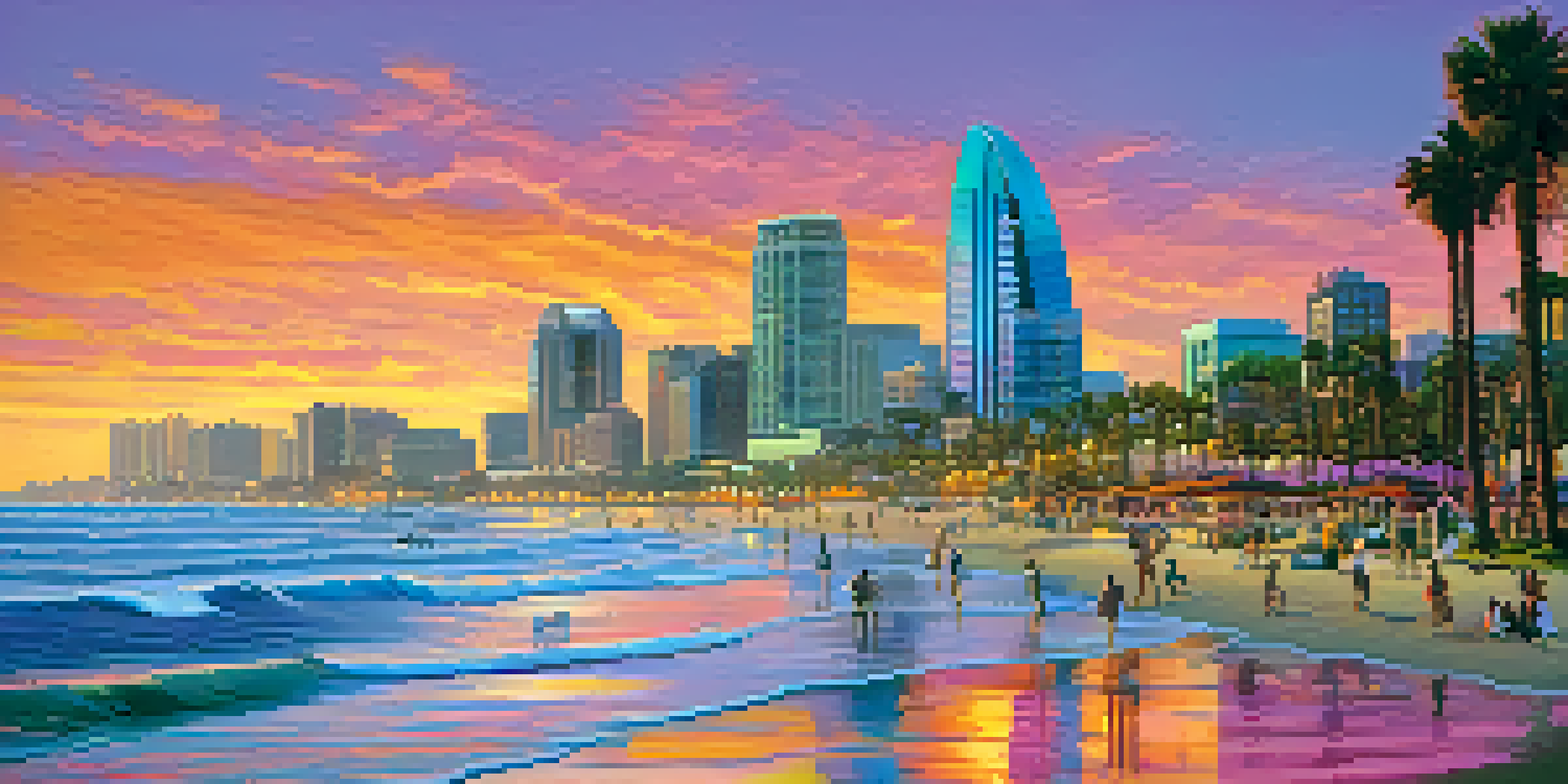 A sunset over San Diego's skyline with palm trees and people on the beach, featuring vibrant colors in the sky.
