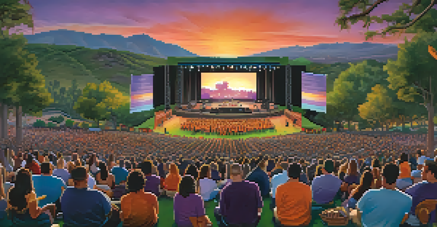 A sunset concert at the Open Air Theatre with a large audience on green grass, enjoying live music surrounded by nature.