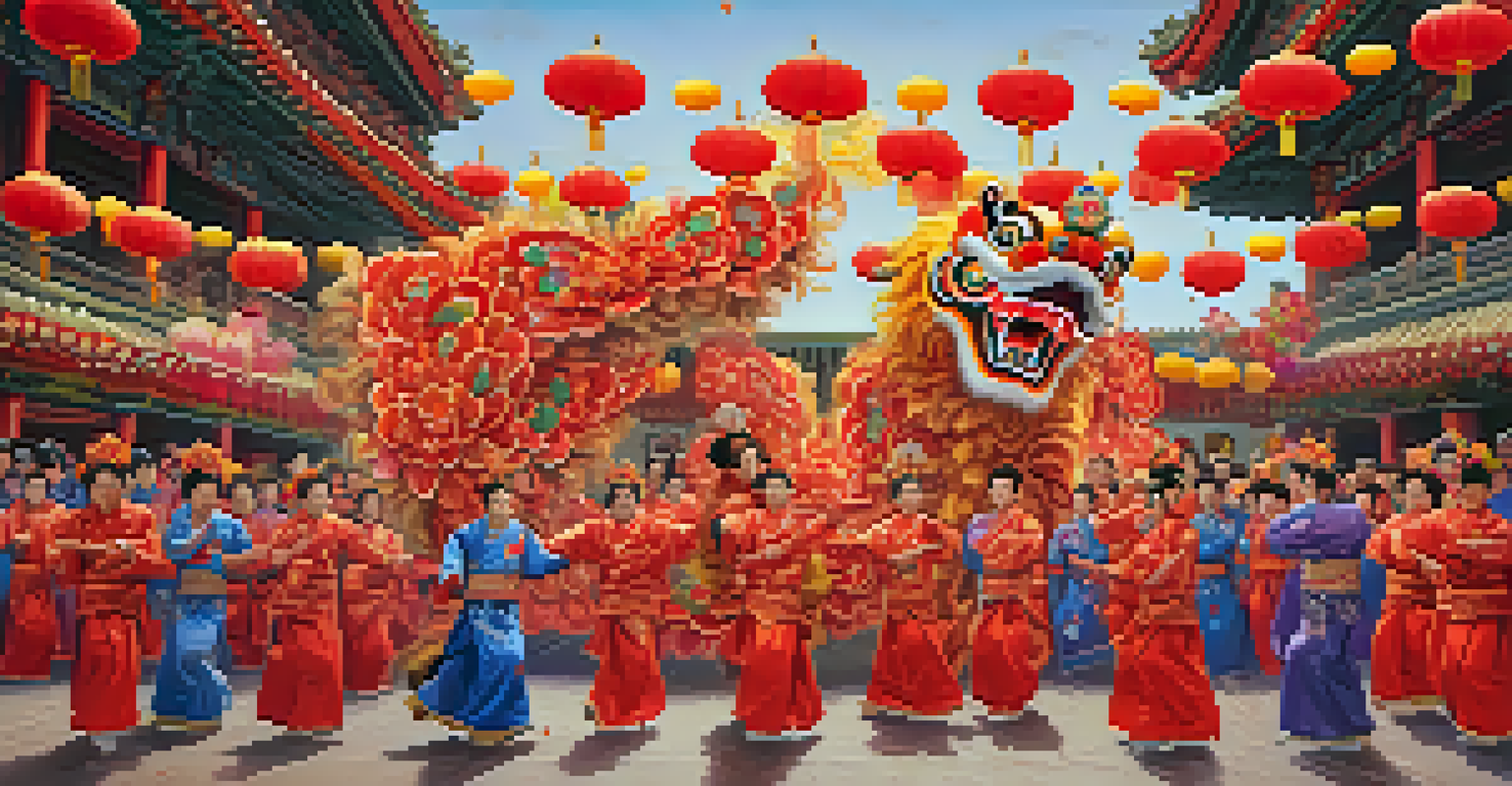 A traditional lion dance performance at a cultural festival, with performers in colorful costumes and an enthusiastic audience.