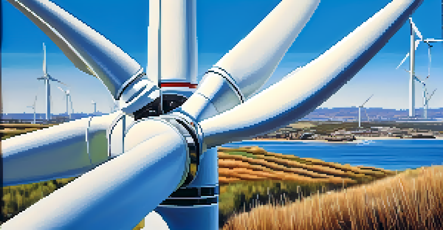 A close-up of a wind turbine with the San Diego coastline in the background and coastal grasses in the foreground.