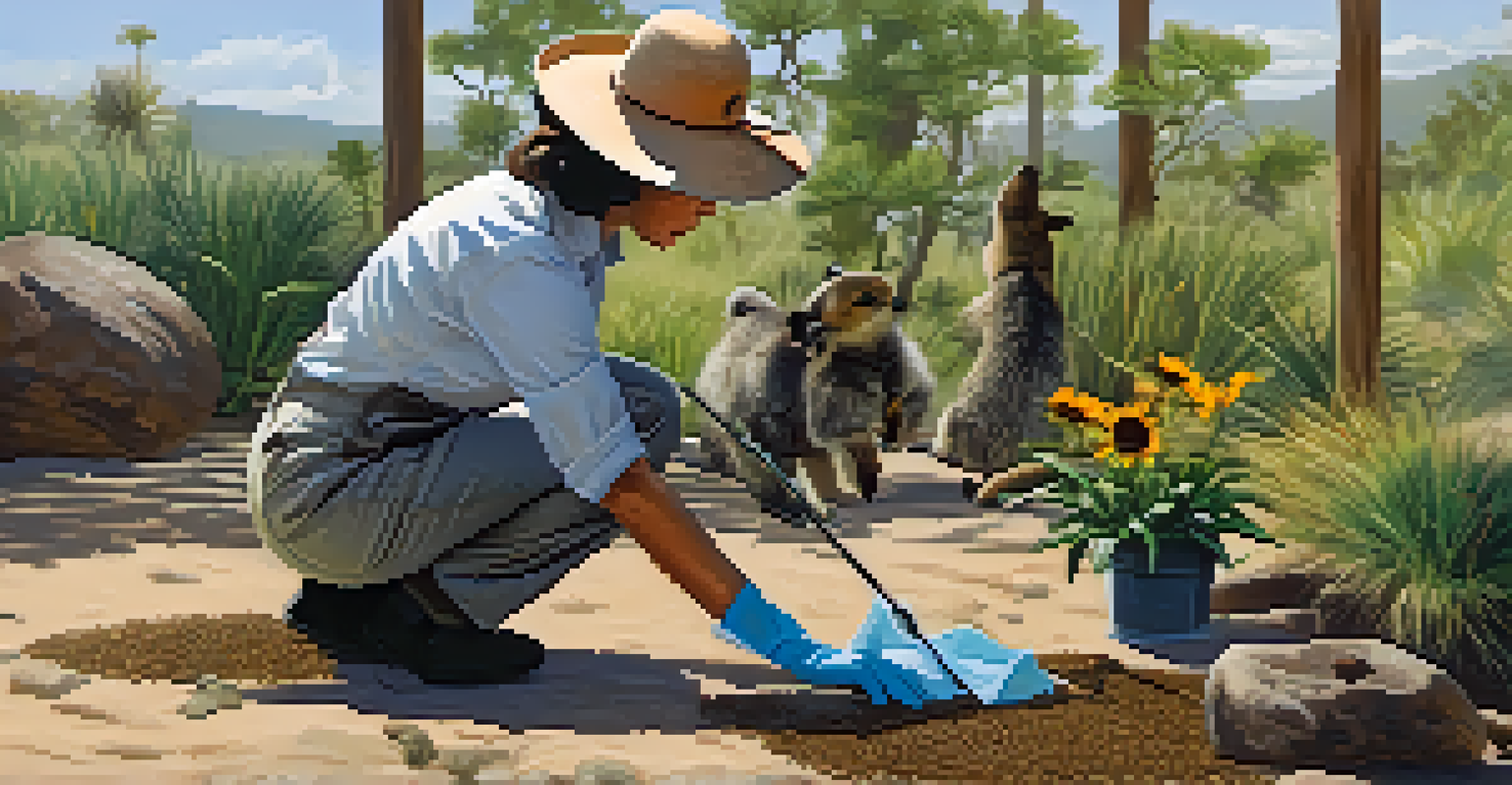 A volunteer cleaning an animal habitat in a wildlife conservation center, focused on their task with natural elements around.