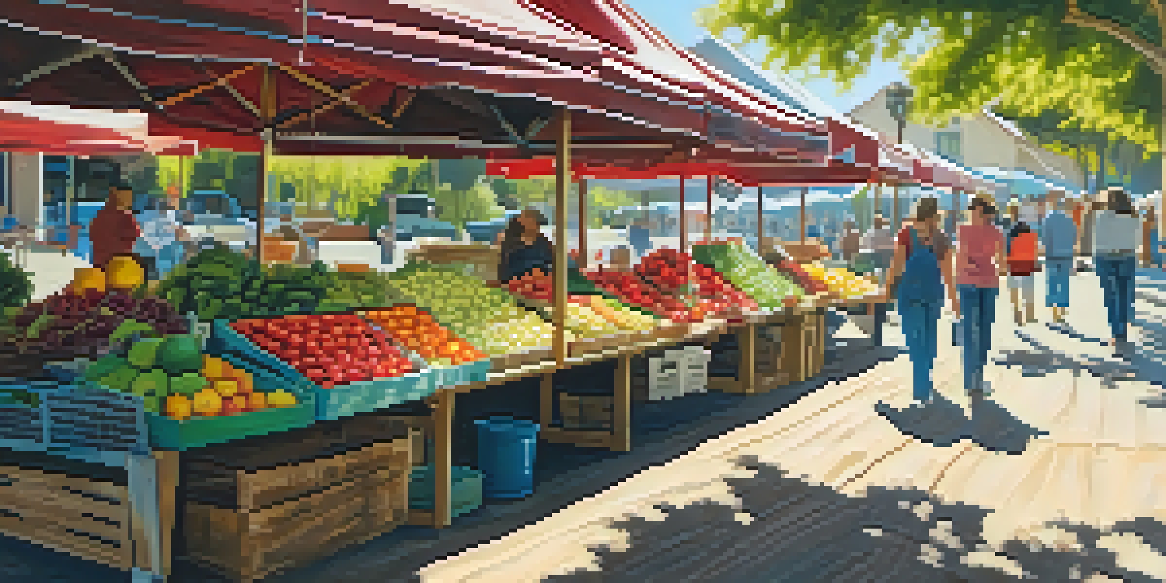 A bustling farmers market with colorful fruits and vegetables on wooden tables, people interacting, and sunlight creating a warm atmosphere.