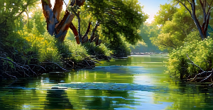 A peaceful scene of the San Diego River surrounded by rich greenery, with birds in the trees and fish in the water.