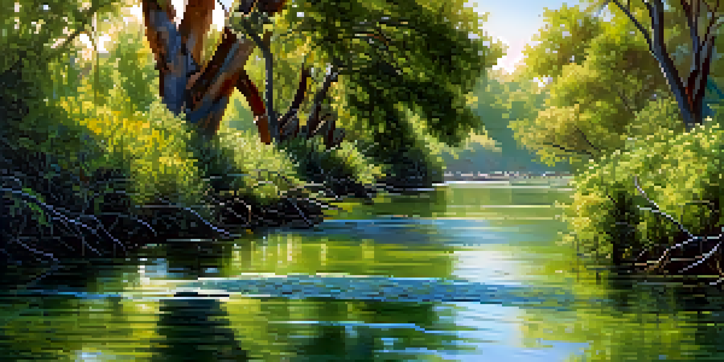 A peaceful scene of the San Diego River surrounded by rich greenery, with birds in the trees and fish in the water.
